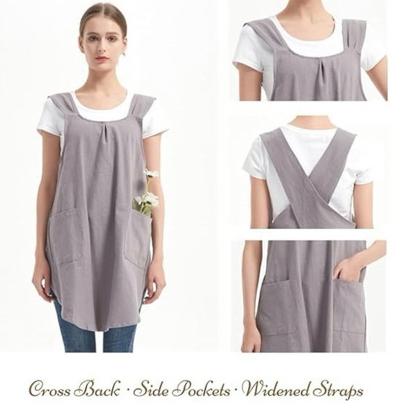 Japanese Apron Halter Cross Back Bandage X Shape Aprons Two Pockets Cotton Linen - Picture 9 of 9